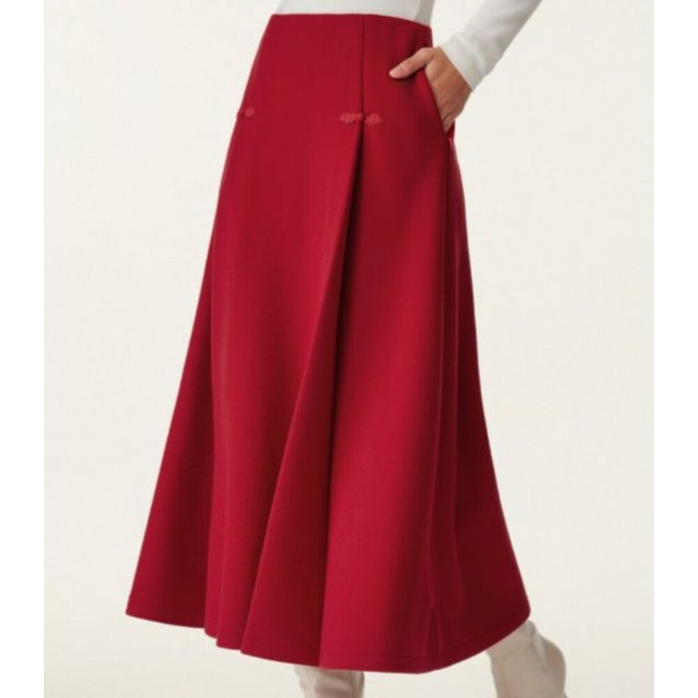 OGL CashSoft Wool Look Frog Button A-Line Zip Pocket Midi Skirt Red Size Large